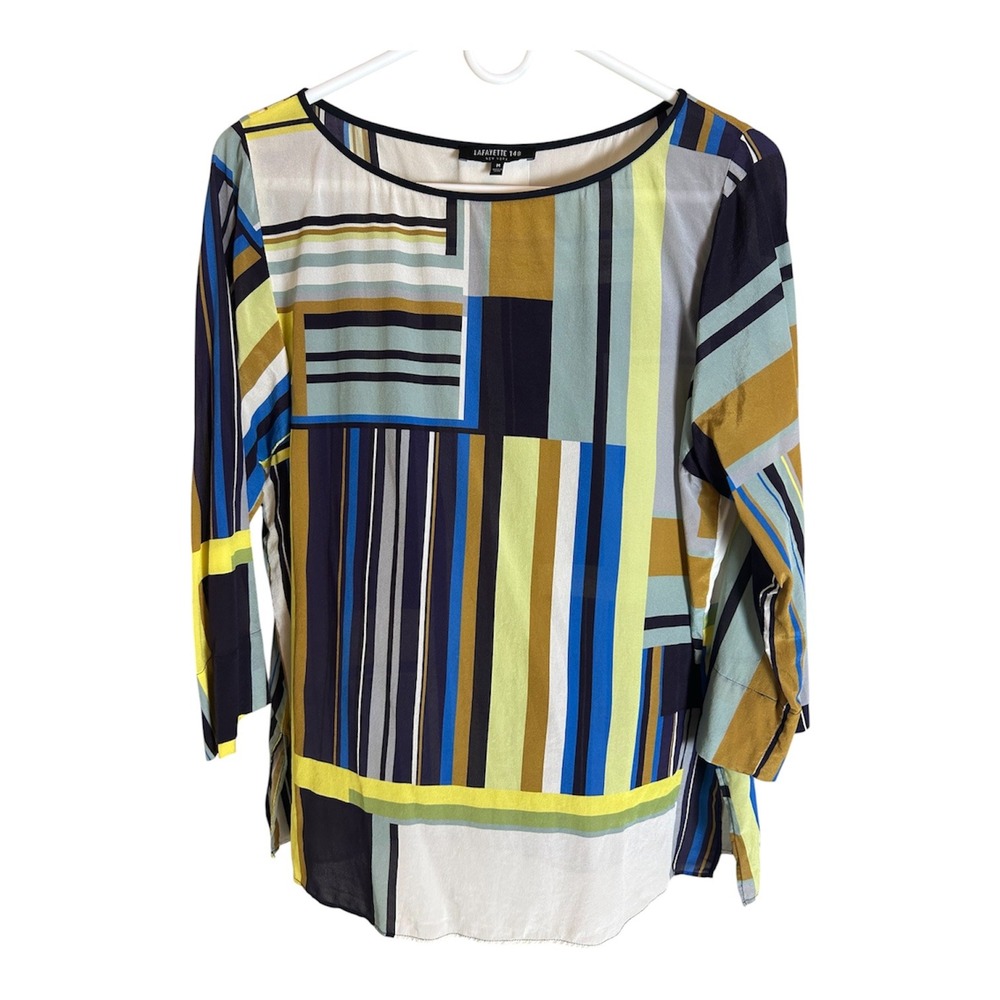 Lafayette 148 Top Women Medium Multicolor Geometric Silk 3/4 Sleeve Blouse